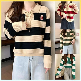Áo len nữ Montoghi dệt kim cổ POLO kẻ sọc retro có DÂY RÚT CỔ và LOGO HOA năng động trẻ trung