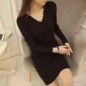 Đầm len cao cấp nữ, đầm nữ cổ chữ V, đầm dạo phố