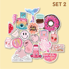 Bộ sticker chống thấm nước trang trí mũ bảo hiểm, laptop tông hồng pink ( 20 hình)