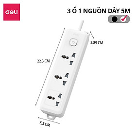Ổ Cắm Điện Mẫu Mới 2025 Deli Ổ ĐIện Đa Năng Chống Cháy Nổ 2500W Cổng Sạc USB/ TypeC Thông Minh - 3 ổ dây 5m - Trắng