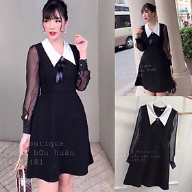 Đầm xòe cổ trắng tay dài phối voan lưới kèm tag nơ HÀNG THIẾT KẾ