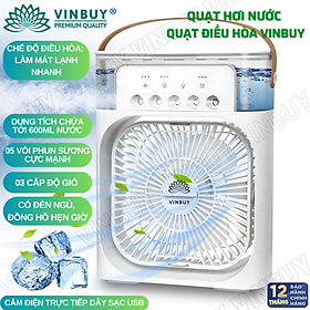 Quạt điều hòa hơi nước mini làm mát không khí để bàn nhỏ gọn, phun sương mạnh nhiều chế độ có bình đựng nước, nốt chạm cảm ứng, pin sạc tích điện, có đèn - Hàng chính hãng VinBuy