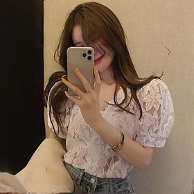 Korean Sweet Lace Puff Sleeve Top V-neck Short-sleeved Shirt Blouse