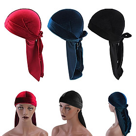 3Pcs Soft Velvet Bandana Hat Long Tail Muslim Headwrap Pirate Cap Chemo Hat