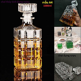 Bình Đựng Rượu Thủy Tinh 1 Lít (combo 2 cái) mẫu vuông hoa văn caro - Chai Thủy Tinh Đựng Rượu 1000ML - Vỏ Chai Rượu Ngoại (A4)