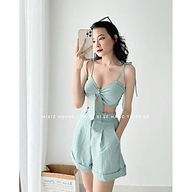 Set quần short kèm áo khoắc ngoài đi biển màu vàng trắng