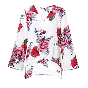 Women's Casual Floral Tops Long Sleeve Deep V Neck Wrap Loose Beach Shirts - L