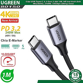 Mua Cáp USB Type C 3.2 Gen 2 dài 1M Ugreen 80150  Hỗ trợ hình ảnh 4K@60Hz  240W  10Gbps (dòng new) hàng chính hãng