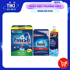 Combo rửa bát Finish: Hộp All In One 90 viên, Muối 1.5kg, Nước làm bóng 400ml - Nhập khẩu EU