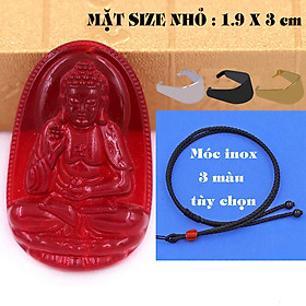 Mặt Phật A di đà pha lê đỏ 1.9cm x 3cm (size nhỏ) kèm vòng cổ hạt chuỗi đá đen + móc inox vàng, Phật bản mệnh, mặt dây chuyền