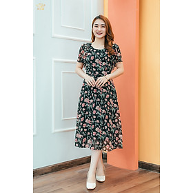Đầm xòe thiết kế trung niên sang trọng cao cấp Cổ tròn bèo kết ngọc tay ngắn màu Đen hoa hồng TTV STORE TTV1338
