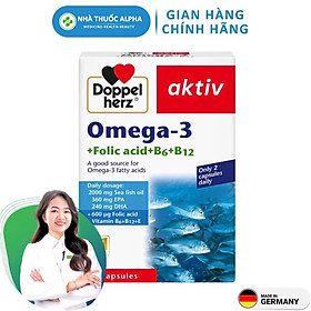 Viên Uống Omega 3 Doppelherz + Folic acid + B6 + B12 hỗ trợ tăng cường thị lực, tim mạch và não bộ 30 Viên