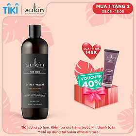 Sukin Sữa Rửa Mặt Tắm Gội Toàn Thân Dành Cho Nam 3 Trong 1 – Năng Lượng (Sukin for men 3 in 1 Wash Energising) 500ml