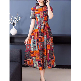 Đầm xoè hoạ tiết hoa cổ trụ