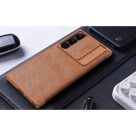 Bao da chống sốc cho Samsung Galaxy S23 Ultra hiệu Nillkin Qin Pro trang bị nắp bảo vệ Camera (Chất liệu da cao cấp, có ngăn đựng thẻ, mặt da siêu mềm mịn) - hàng nhập khẩu - Nâu bò