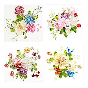 Pack Of 4 Ribbon Embroidery Kits DIY Flower Painting Stamped Cross Stitch
