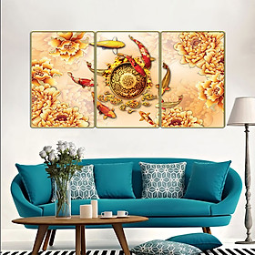 Tranh treo tường 3 tấm trang trí phòng khách, phòng ăn, phòng ngủ Cửu ngư quần hội: 2372L10