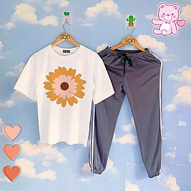 Set áo tay lửng quần thun XÁM XANH unisex, quần dài 2 sọc, 3 sọc, Áo tay lỡ và quần thể thao
