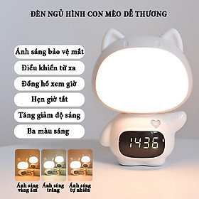 Đèn ngủ thông minh hình con thỏ dễ thương có đồng hồ xem giờ ánh sáng 3 màu, tăng giảm điều chỉnh độ sáng pin sạc 300mA