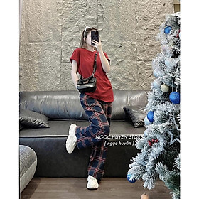 Sét bộ đồ nữ áo thun cotton mix quần bố caro ống rộng năng động trẻ trung
