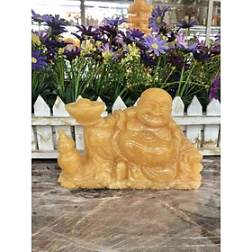 Mua Tượng Phật Di Lặc ngồi cầm thỏi vàng và hồ lô phong thủy đá ngọc hoàng long trang trí bàn làm việc - Dài 16 cm