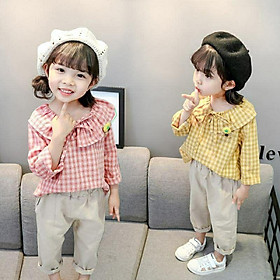 Bộ bé gái áo kẻ sọc ca rô quần kaki xám thanh lịch