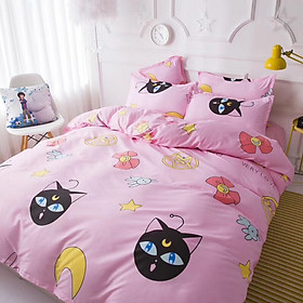 Bộ chăn ga gối cotton PL1 - Mèo Đen Nền Hồng - Tặng kèm 1 móc khóa Houston