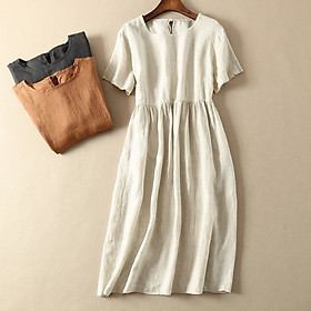 Đầm linen suông cổ tròn ngắn tay, chất đũi mềm mát thấm hút mồ hôi, thời trang phong cách Hàn Quốc Haint Boutique D81