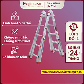 Mua Thang nhôm gấp trượt chữ A 5.1M Nhập Khẩu đa năng chống trượt  thang gấp rút 4 bậc có khoá an toàn Multi Purpose Ladder - Hàng Nhập khẩu