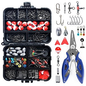 263pcs Fishing Accessories Set with Tackle Box Including Plier Jig Hooks Sinker Weight Swivels Snaps Sinker Slides - Red & white