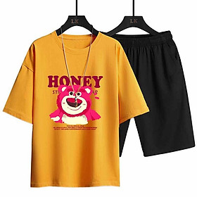 đồ bộ thể thao gấu honey nam nữ kiểu áo thun ngắn kết hợp với quần short