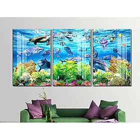 Bộ tranh 3 Bức - Tranh treo tường phòng khách- Tranh Đại Dương D10923/Gỗ MDF cao cấp phủ kim sa/ Chống ẩm mốc, mối mọt/Bo viền góc tròn