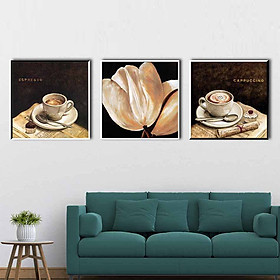 Bộ 3 tranh canvas treo tường decor cafe và hoa trắng - DC010