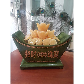 Tượng Chiếc Thuyền Phong Thủy Tài Lộc Chở Đầy Xiền Vàng Thỏi Vàng Quá Xá Đẹp Size Ngang 27cm x Cao 17cm x Sâu 13,5cm Thuyền Serpentine Xanh Thỏi Xiền vàng đẹp ơi là đẹp nặng 3,7kg may mắn tài lộc ạ