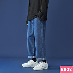 Quần jeans baggy nam ống rộng trơn không rách gối màu xanh trắng chất jean bò cao cấp co dãn 4 chiều from dáng suông đẹp