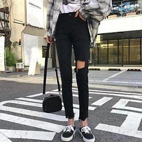 Quần jeans rách gối dáng SKINY lưng cao co giãn