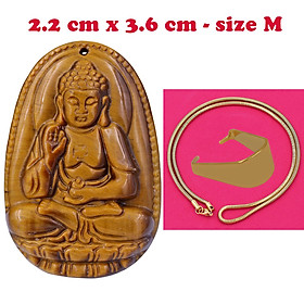 Mặt Phật A di đà đá mắt hổ 3.6 cm kèm dây chuyền inox rắn vàng- mặt dây chuyền size M, Mặt Phật bản mệnh
