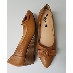 Giày búp bê đế xuồng 5cm,️️️️ giày Doris da thật mũi nhọn gắn nơ vuông màu kem thời trang cho nữ DR503