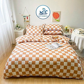Bộ chăn ga gối Cotton poly M2T Bedding, vỏ chăn mền, drap ga giường và 2 vỏ gối nằm - PL Bàn cờ vua cam nâu