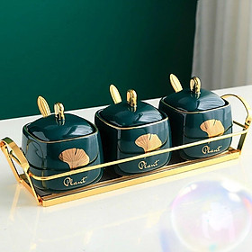 Mua Bộ 3 hũ đựng gia vị sứ khung kim loại mạ vàng màu xanh họa tiết lá vàng