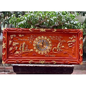 Tranh đồng hồ treo tường khắc chữ cha mẹ bằng gỗ hương đỏ kt 48×108×4cm
