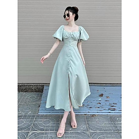 Hình ảnh Đầm maxi cổ vuông tay phồng nút bọc y hình