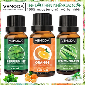Tinh dầu Xông phòng gồm Combo 3 lọ tinh dầu cao cấp: tinh dầu Sả chanh (10ml) + tinh dầu Bạc hà (10ml) + tinh dầu Cam tươi (10ml) Vemoda