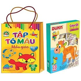 Combo Túi Tập Tô Màu Mẫu Giáo (Bộ 8 Cuốn) + Bút Sáp Dầu 18 Màu Duka No.3918 - Hộp Giấy