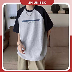 Áo phông nam nữ form rộng 2N Unisex thun cotton chữ in nổi raglan màu xám/be