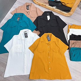Set áo sơ mi kèm quần chất vải đũi bigsize nữ rộng thoải mái, Quần đùi áo sơ mi BIGSIZE CÔ NHỎ- SET30 - Màu Vàng