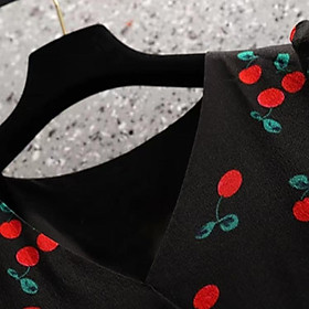 SHUANGYAN Quần áo mùa hè 2023 Cherry in tay áo ngắn Vintage V cổ thắt lưng thiết kế cảm giác đầm cho phụ nữ