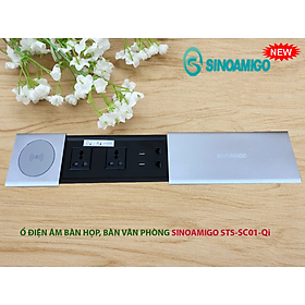 Hộp điện âm bàn nắp trượt cao cấp Sinoamigo STS-SC01-Qi, tích hợp công nghệ sạc không dây cho điện thoại, máy tính bảng