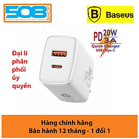 Củ sạc nhanh PD 20W Baseus Compact Quick Charger chuôi dẹt 1 cổng Usb và Type-C - Hàng chính hãng