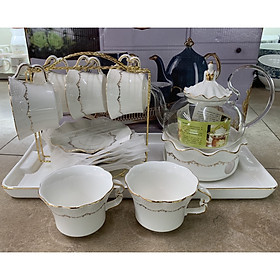 BỘ MÌNH TRÀ THỦY TINH KẾT HỢP GỐM SỨ KALANDI CAO CẤP TRẮNG KÈM GIÁ TREO CỐC VÀ THÌA VÀNG - ANTH254